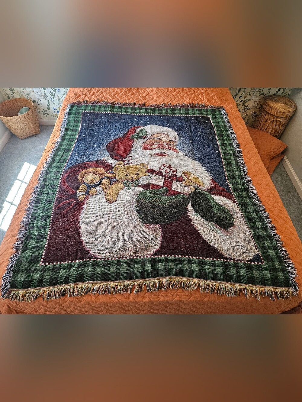 American Weavers VTG 1997 Father Christmas Santa Claus Tapestry Throw Blanket